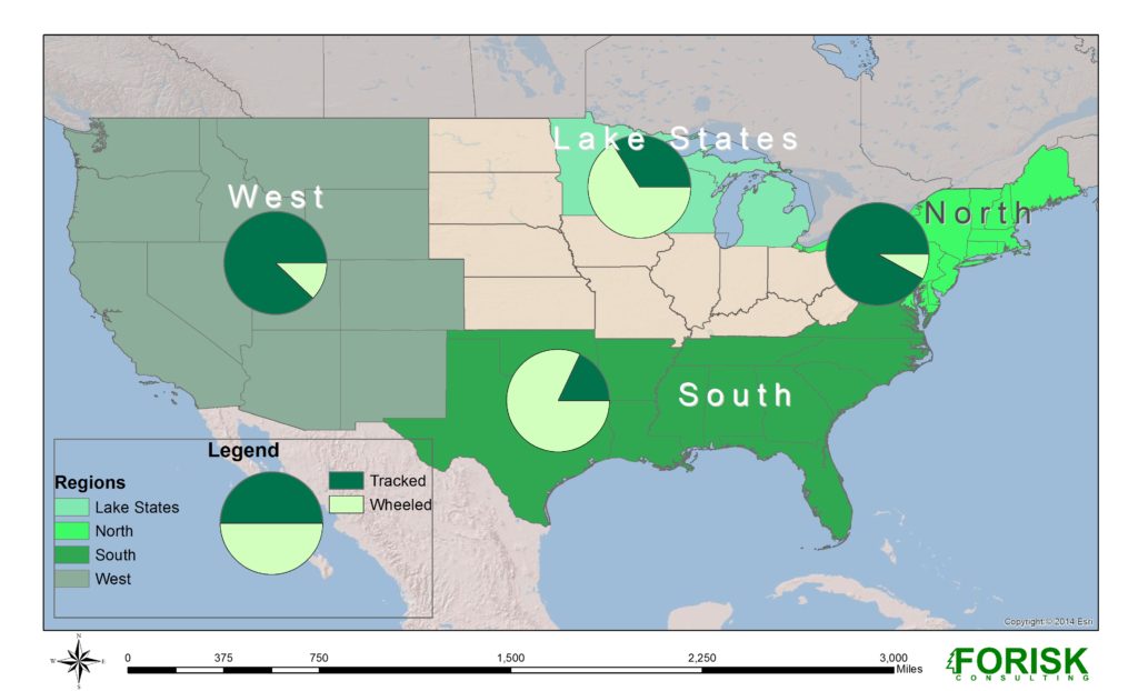 Figure 2. Regional distribution of wheeled and tracked feller bunchers.